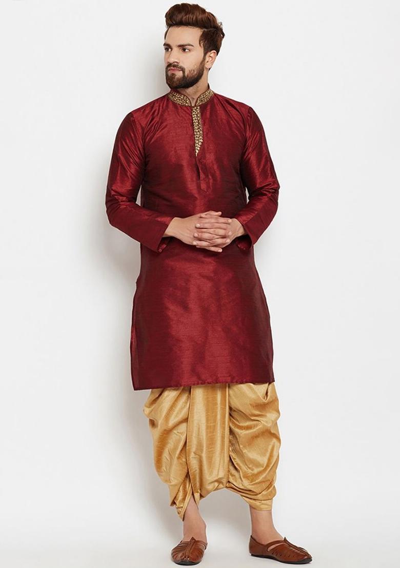 Maroon Embroidered Silk Kurta Dhoti Set For Men - Indya