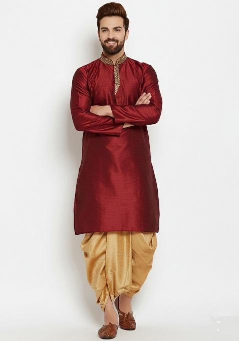 Maroon Embroidered Silk Blend Kurta Dhoti Set For Men