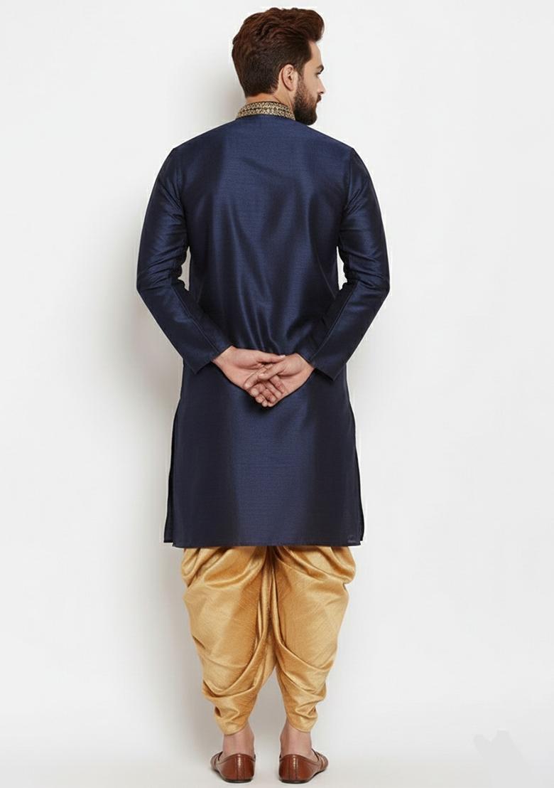 Navy Embroidered Silk Kurta Dhoti Set For Men - Indya