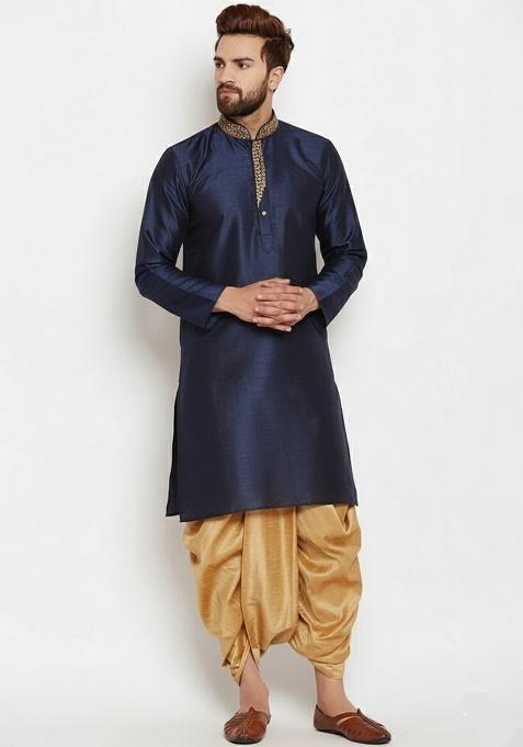Navy Embroidered Silk Kurta Dhoti Set For Men