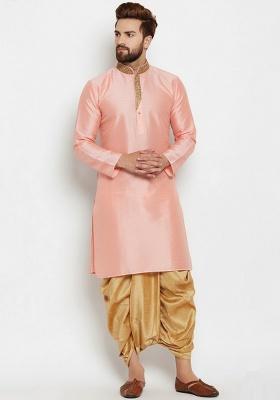 Peach Embroidered Silk Kurta Dhoti Set For Men