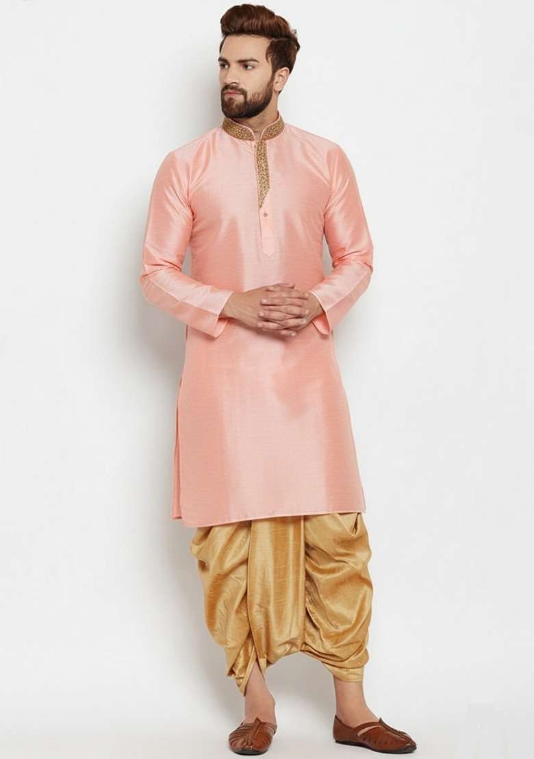 Peach Embroidered Silk Blend Kurta Dhoti Set For Men - Indya