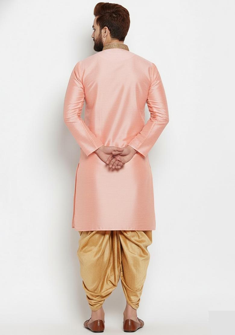 Peach Embroidered Silk Kurta Dhoti Set For Men - Indya