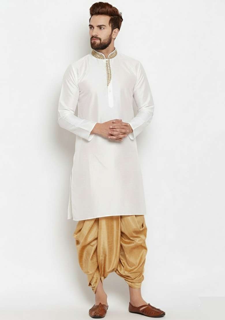 White Embroidered Silk Blend Kurta Dhoti Set For Men - Indya