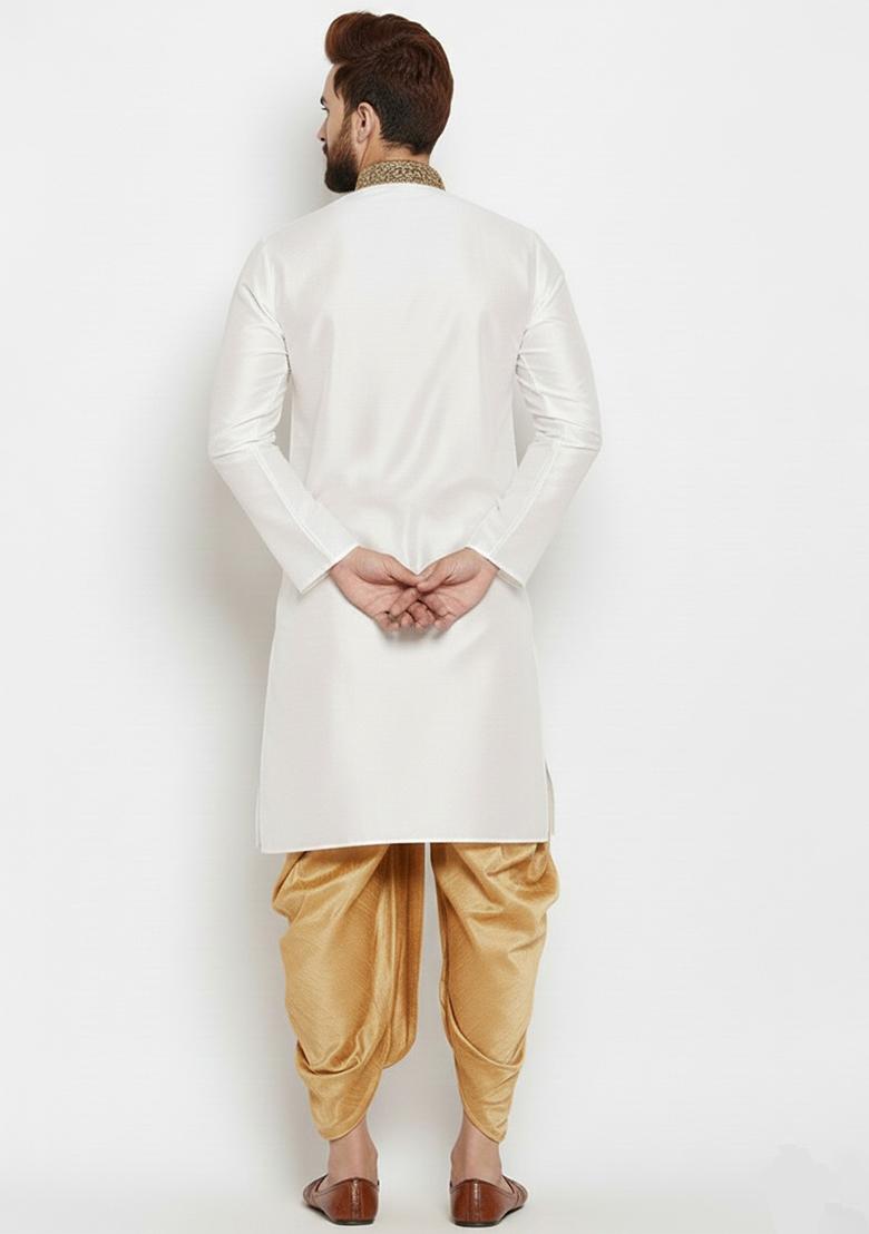 White Embroidered Silk Kurta Dhoti Set For Men - Indya