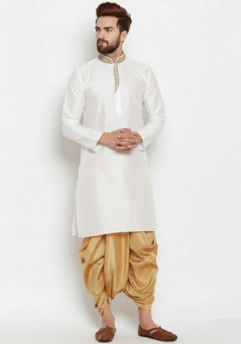 White Embroidered Silk Blend Kurta Dhoti Set For Men