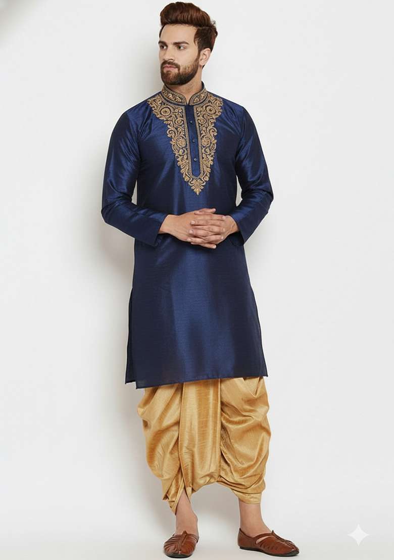 Navy Embroidered Silk Blend Kurta Dhoti Set For Men - Indya