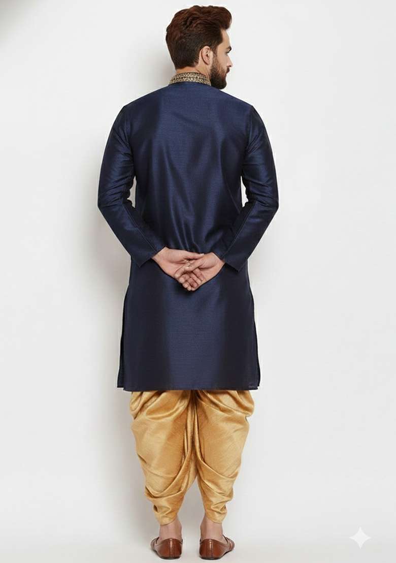 Navy Embroidered Silk Blend Kurta Dhoti Set For Men - Indya
