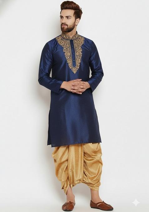 Navy Embroidered Silk Kurta Dhoti Set For Men