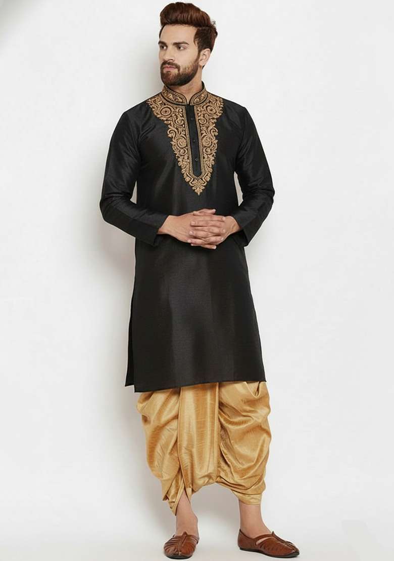 Black Embroidered Silk Blend Kurta Dhoti Set For Men - Indya