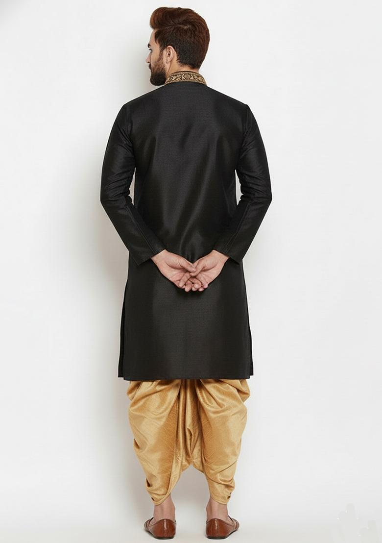 Black Embroidered Silk Kurta Dhoti Set For Men - Indya