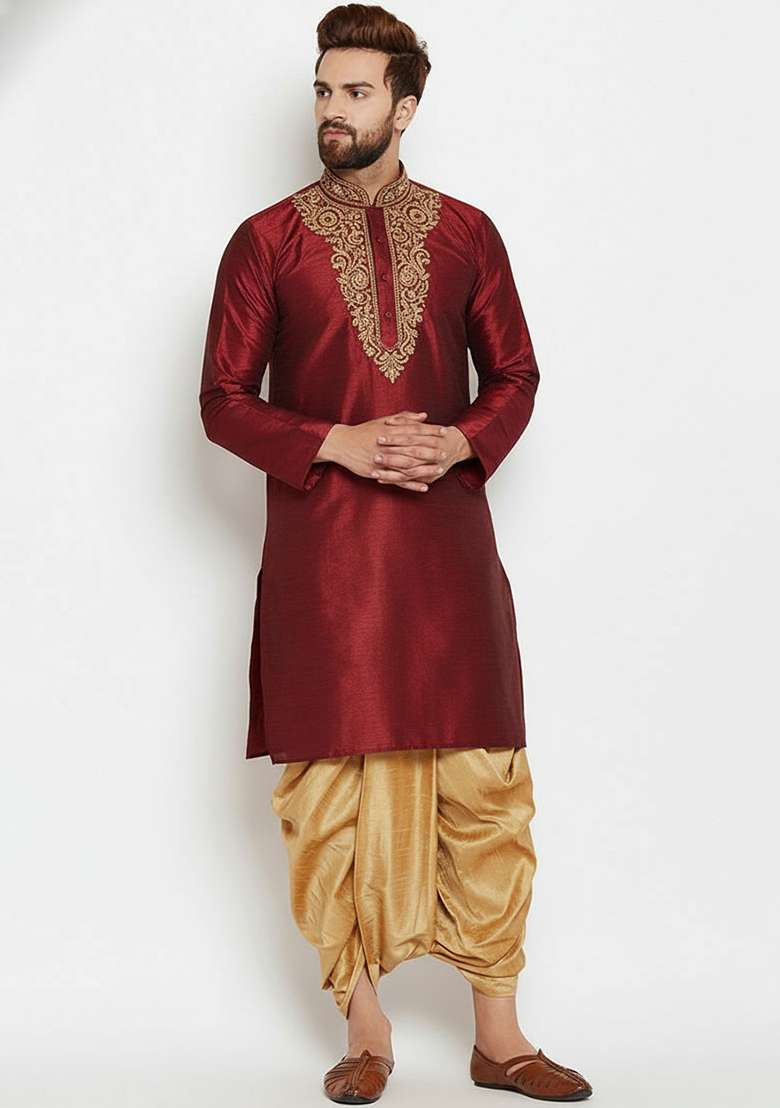 Maroon Embroidered Silk Blend Kurta Dhoti Set For Men - Indya