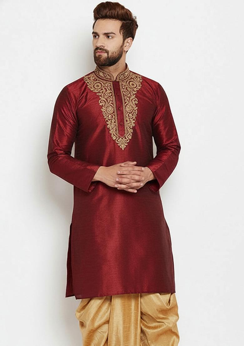 Maroon Embroidered Silk Kurta Dhoti Set For Men - Indya