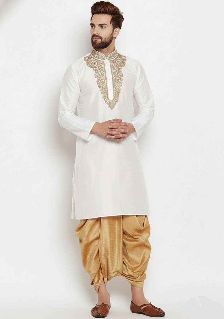 White Embroidered Silk Blend Kurta Dhoti Set For Men - Indya