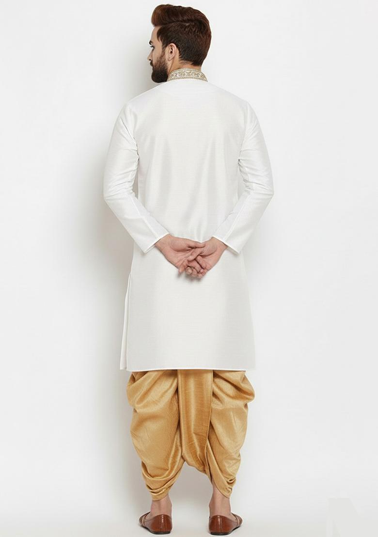 White Embroidered Silk Kurta Dhoti Set For Men - Indya