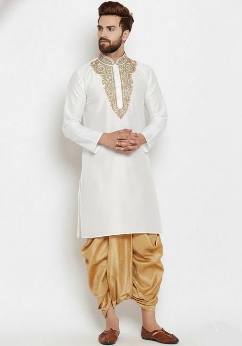 White Embroidered Silk Blend Kurta Dhoti Set For Men
