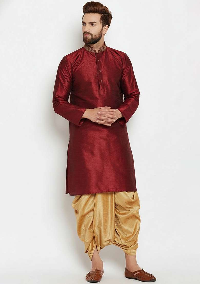 Maroon Embroidered Silk Blend Kurta Dhoti Set For Men - Indya