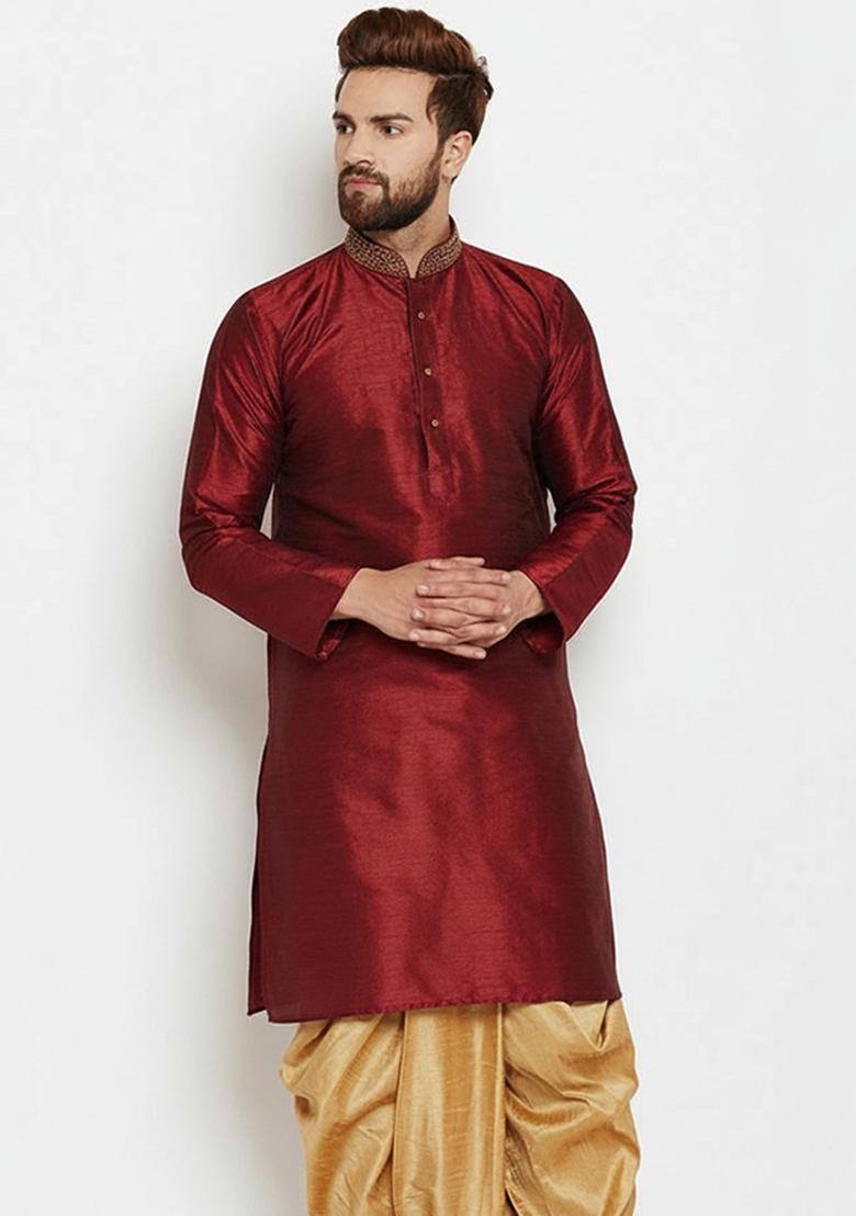 Maroon Embroidered Silk Kurta Dhoti Set For Men - Indya