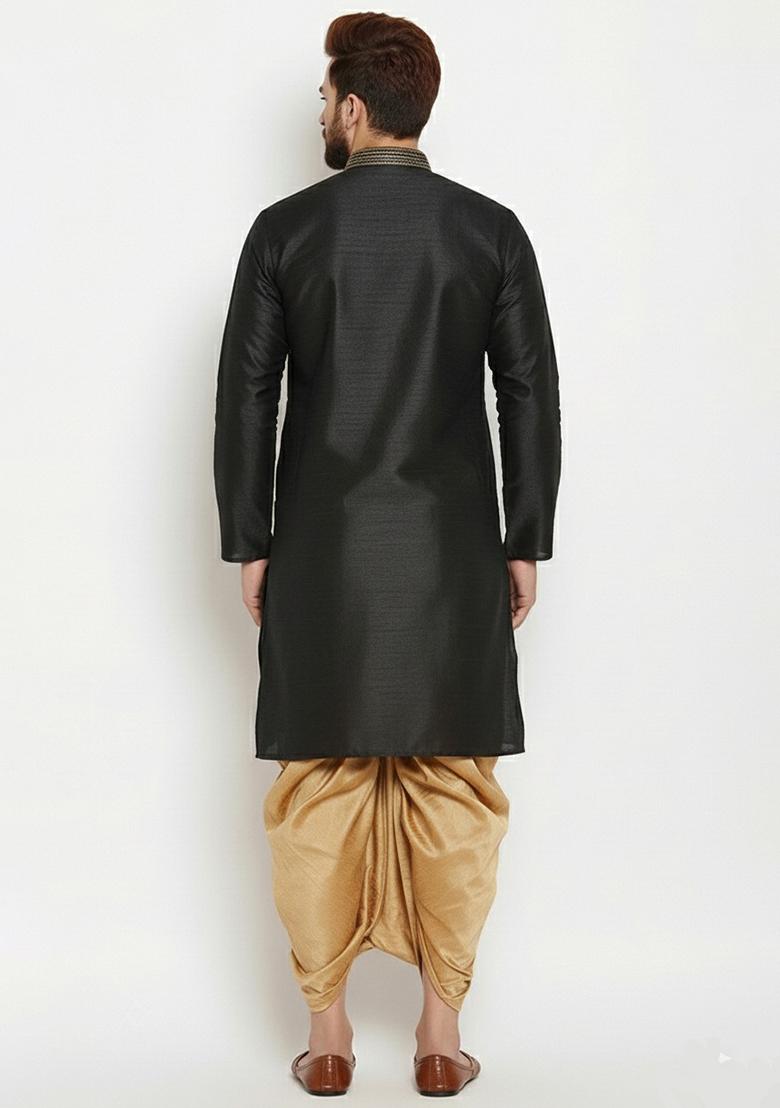 Black Embroidered Silk Kurta Dhoti Set For Men - Indya