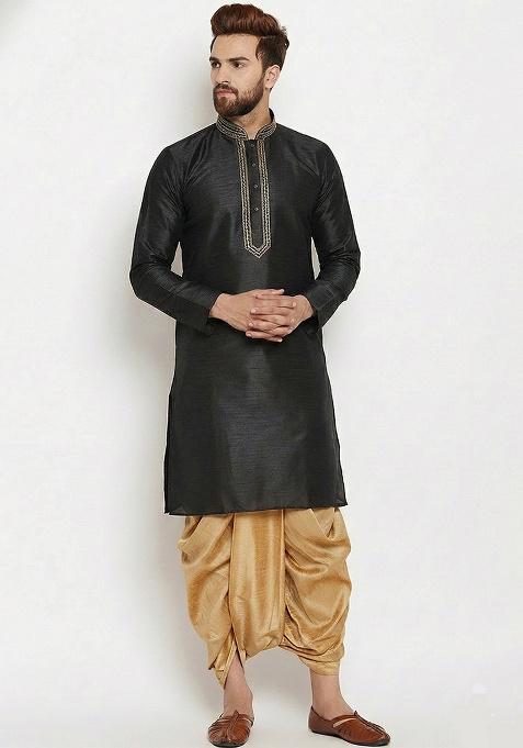 Black Embroidered Silk Kurta Dhoti Set For Men