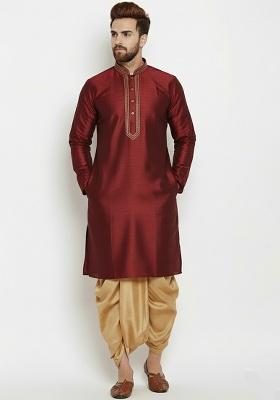 Maroon Embroidered Silk Kurta Dhoti Set For Men