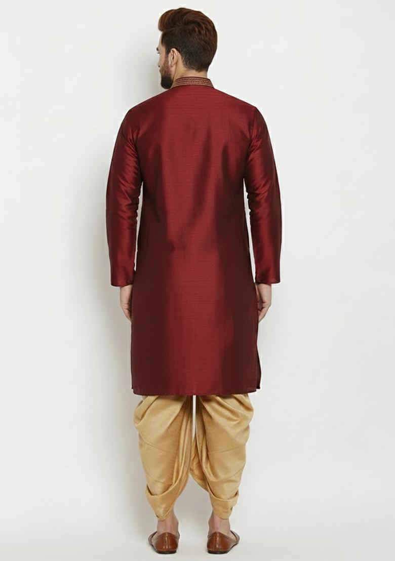 Maroon Embroidered Silk Kurta Dhoti Set For Men - Indya