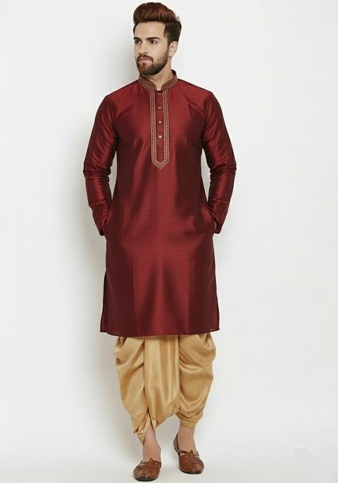 Maroon Embroidered Silk Kurta Dhoti Set For Men