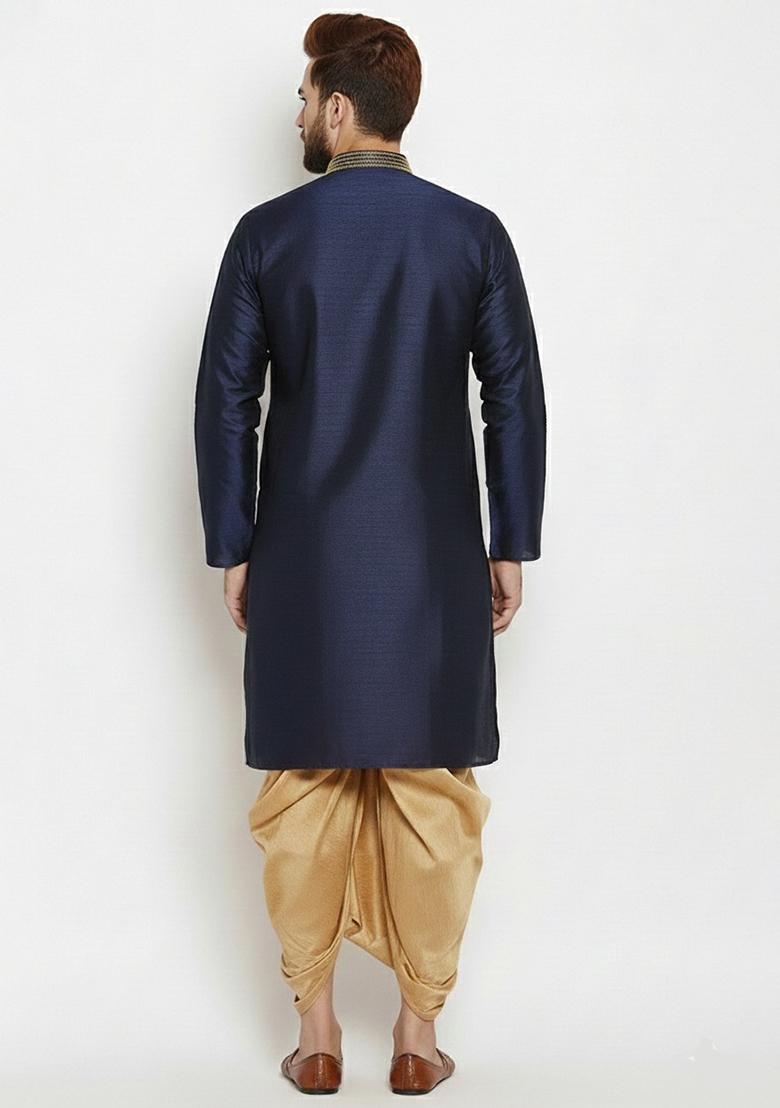 Navy Embroidered Silk Kurta Dhoti Set For Men - Indya