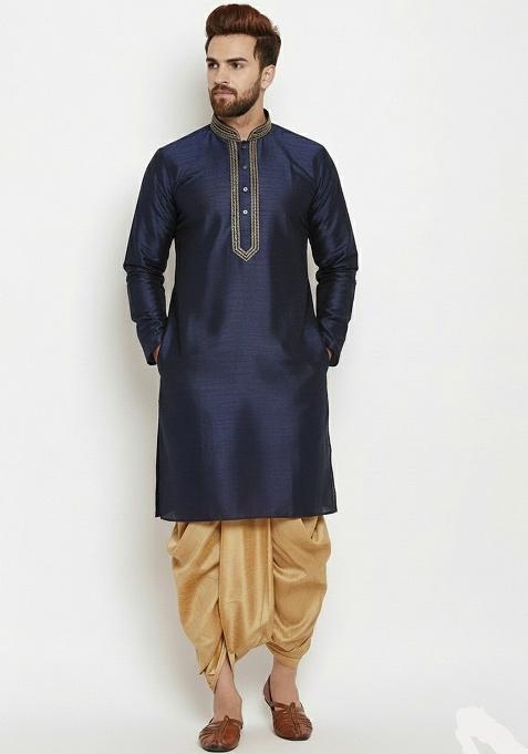 Navy Embroidered Silk Kurta Dhoti Set For Men
