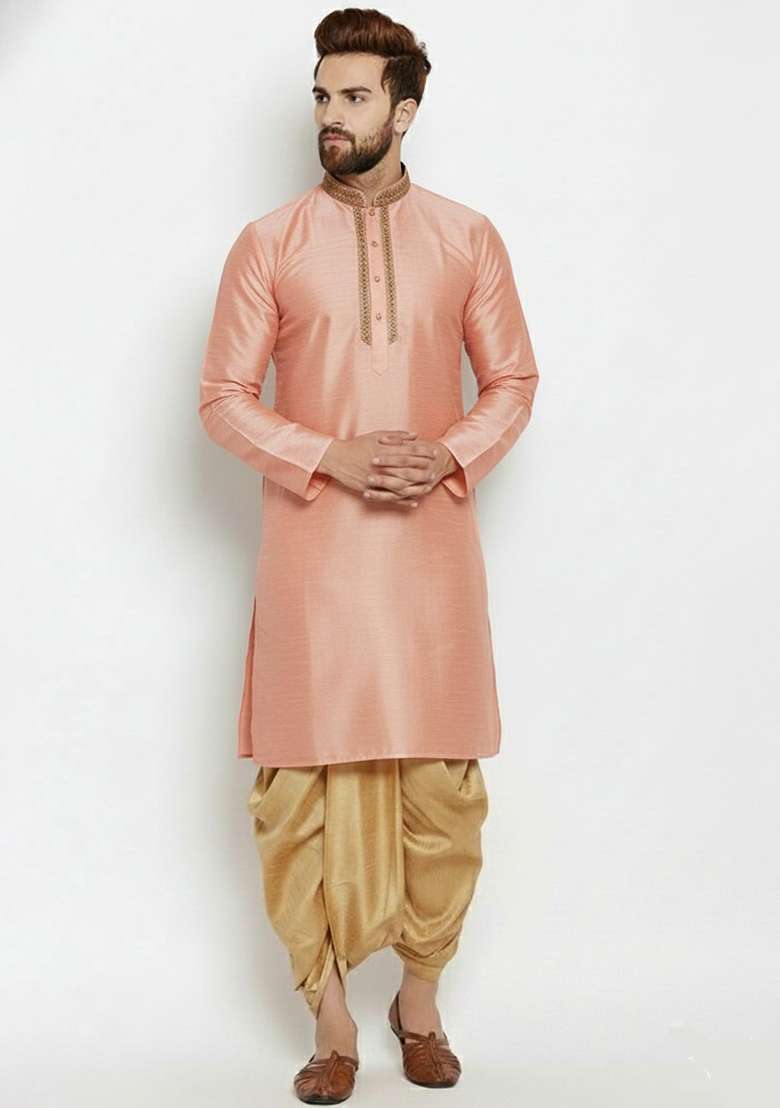 Peach Embroidered Silk Blend Kurta Dhoti Set For Men - Indya