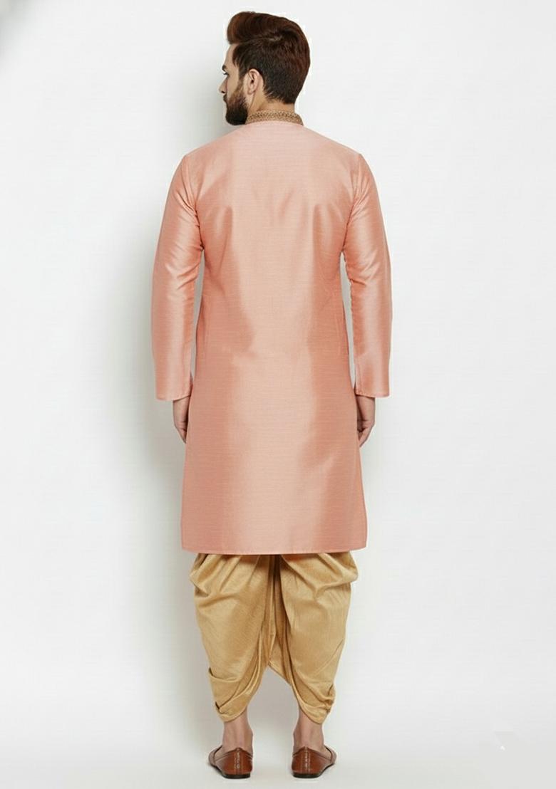 Peach Embroidered Silk Kurta Dhoti Set For Men - Indya