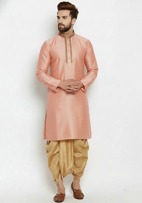 Peach Embroidered Silk Kurta Dhoti Set For Men