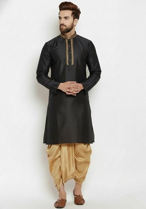 Purple Embroidered Silk Kurta Dhoti Set For Men