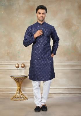 Navy Blue Embroidered Cotton Kurta Pajama For Men