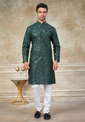 Green Embroidered Cotton Kurta Pajama For Men