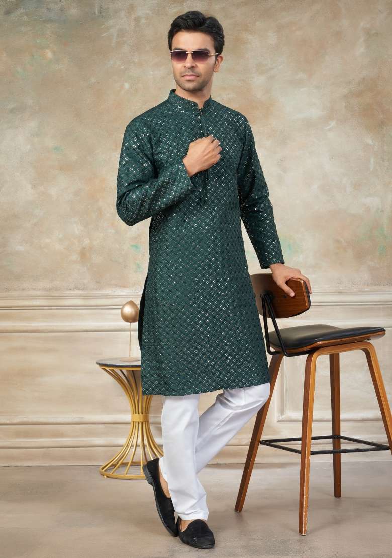 Green Embroidered Cotton Kurta Pajama For Men - Indya