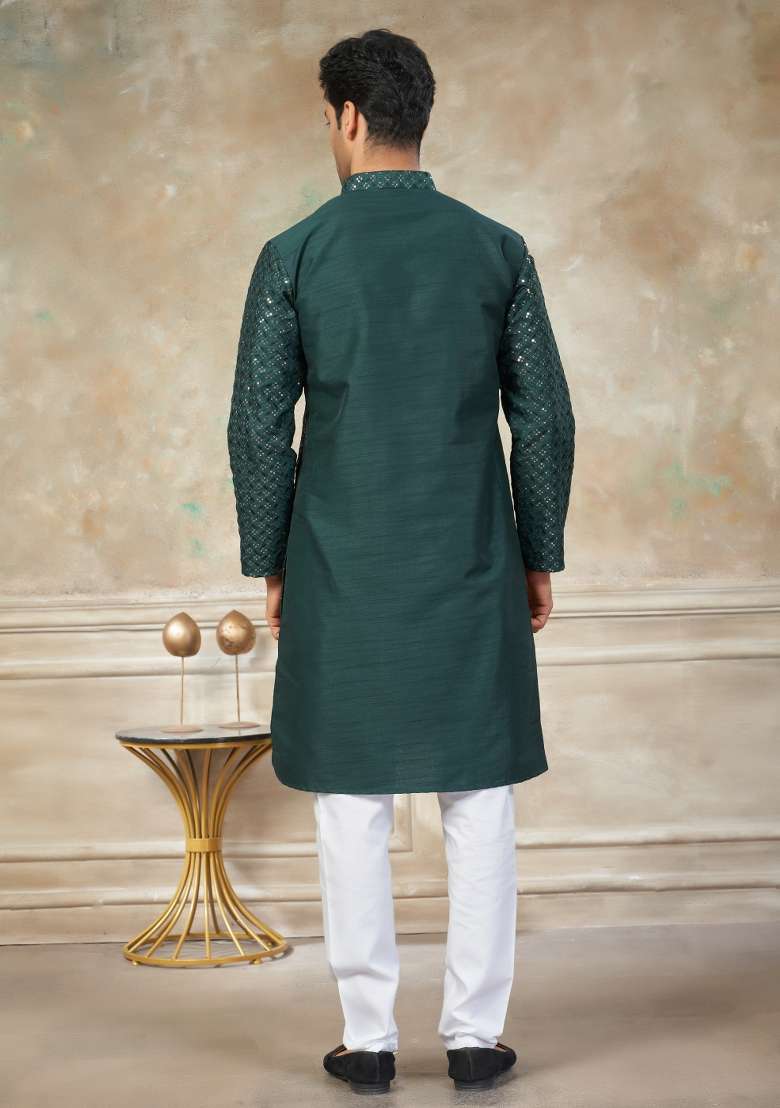 Green Embroidered Cotton Kurta Pajama For Men - Indya