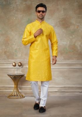 Yellow Embroidered Cotton Kurta Pajama For Men