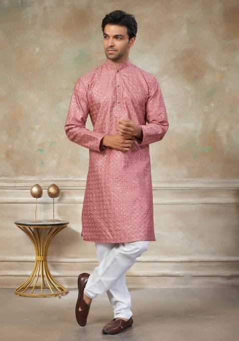 Pink Embroidered Cotton Kurta Pajama For Men