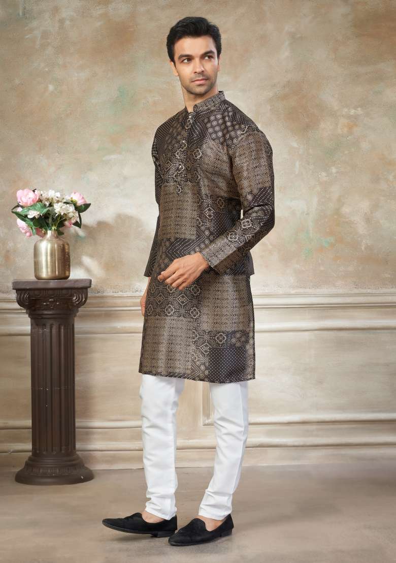 Black Embroidered Silk Blend Kurta Pajama For Men - Indya