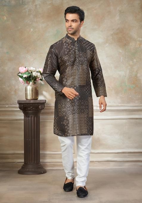 Black Embroidered Silk Blend Kurta Pajama For Men