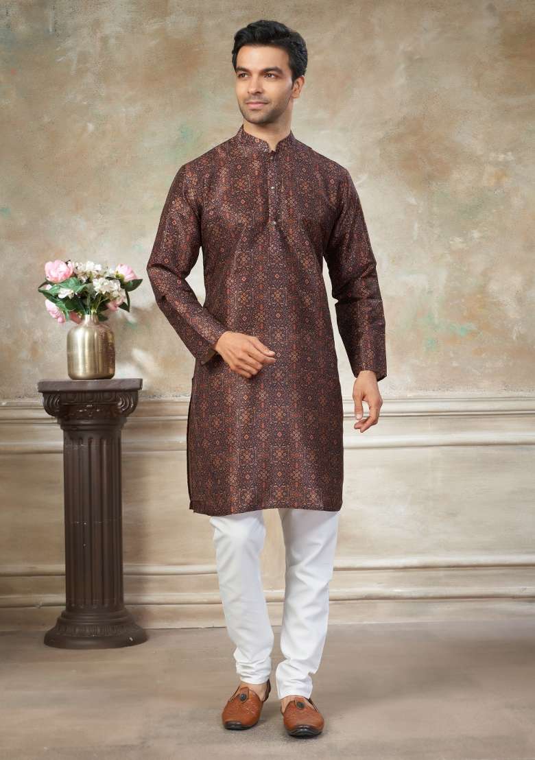 Brown Embroidered Silk Blend Kurta Pajama For Men - Indya