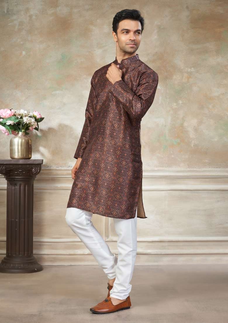 Brown Embroidered Silk Blend Kurta Pajama For Men - Indya