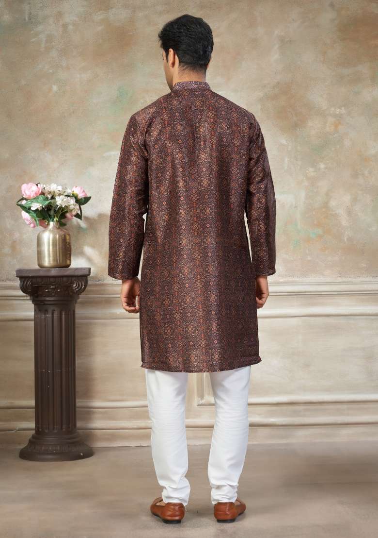 Brown Embroidered Silk Blend Kurta Pajama For Men - Indya