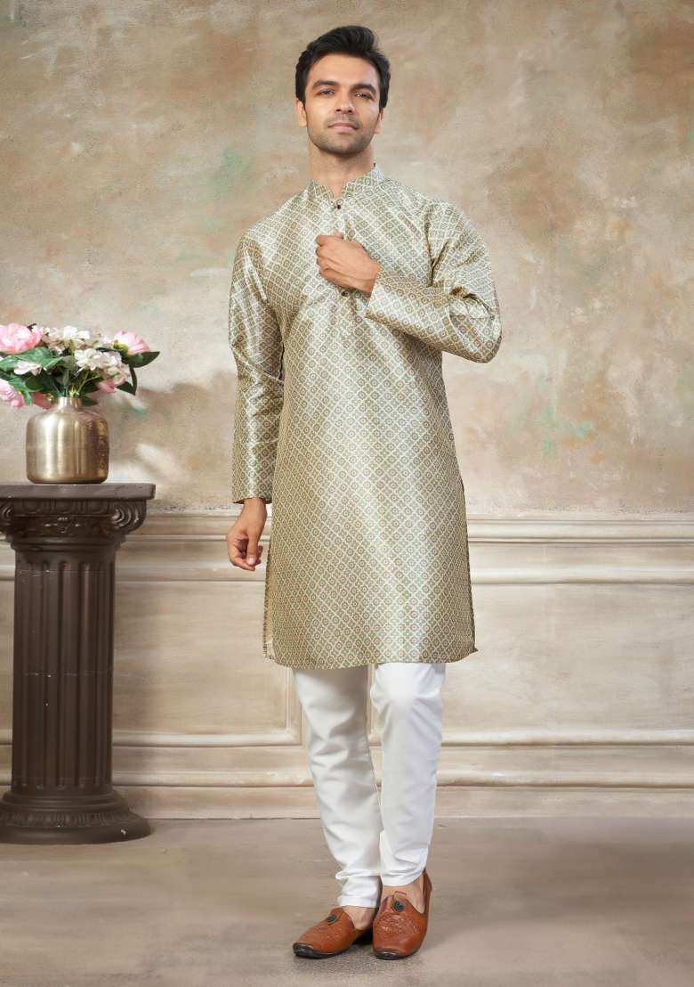 Green Embroidered Silk Blend Kurta Pajama For Men - Indya