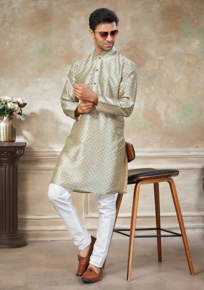 Green Embroidered Silk Blend Kurta Pajama For Men - Indya