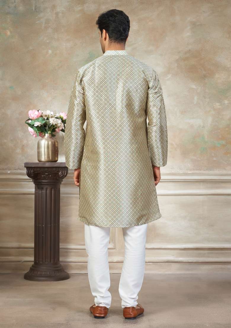 Green Embroidered Silk Blend Kurta Pajama For Men - Indya