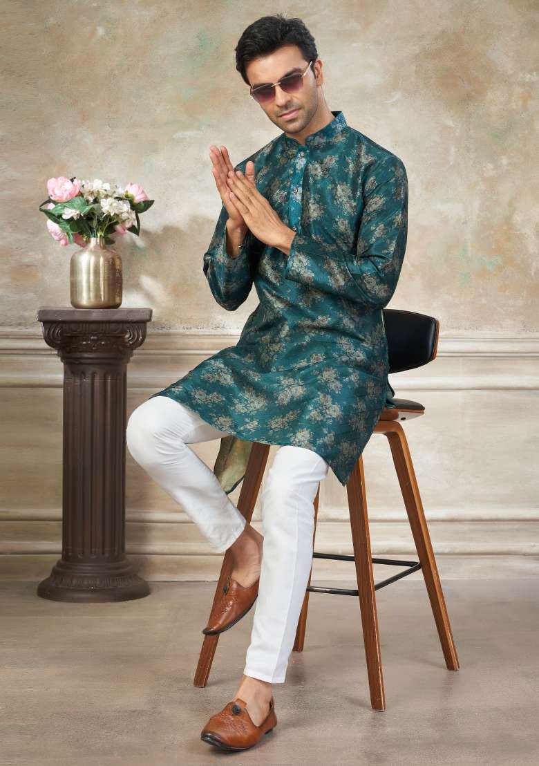 Teal Blue Embroidered Silk Blend Kurta Pajama For Men - Indya