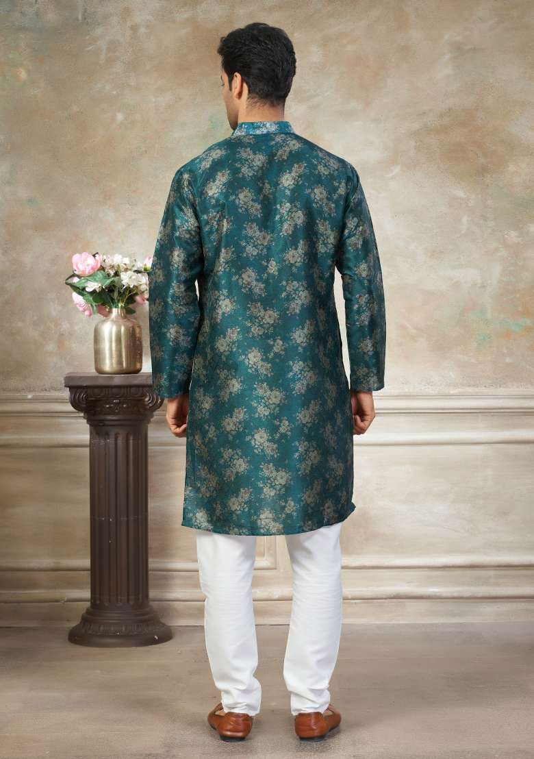 Teal Blue Embroidered Silk Blend Kurta Pajama For Men - Indya