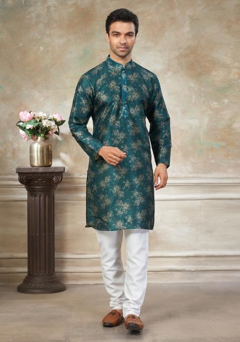 Teal Blue Embroidered Silk Blend Kurta Pajama For Men